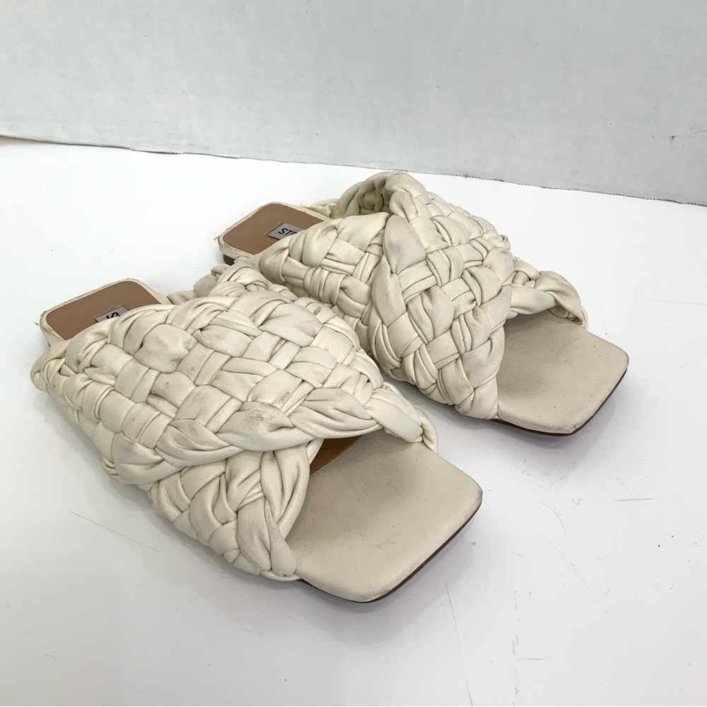 STEVE MADDEN Sz 6.5 Ivory Marina Square Toe Chunky Woven Slip On Slide Sandals